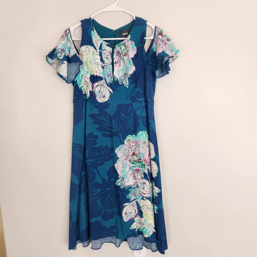 MAEVE Womens Dress Size 8 Teal Floral Cold Shoulder Anthropologie Flutter Sleeve